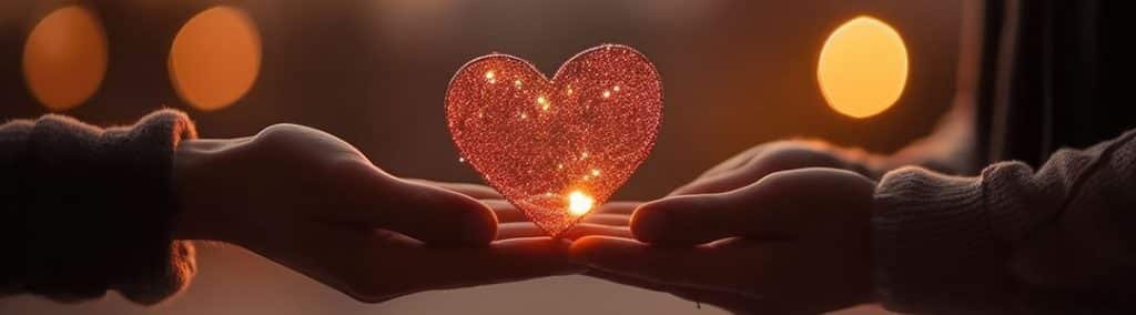 Manos sosteniendo un corazón brillante entre luces cálidas desenfocadas