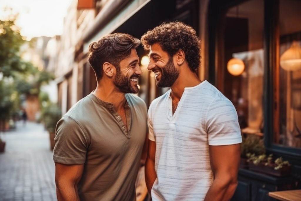 Hombres Homosexuales Cogidos De La Mano, Sonriendo El Uno Al Otro. Beso Romántico Entre Dos Hombres Que Comparten Ternura Y Una Profunda Intimidad Emocional.